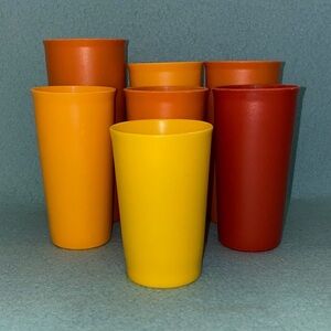 TUPPERWARE 7 drinking cups plastic random sizes yellow red orange vintage 1970’s